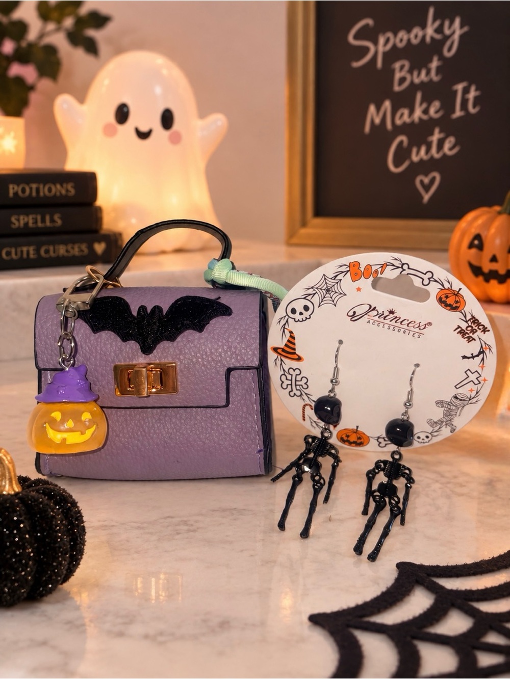 Mini Bag Keychain w/Halloween Patch, Glow in the Dark Pumpkin Charm & Earrings